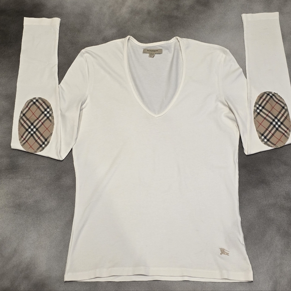 Burberry London White Long Sleeve Cotton Top with Plaid Elbow Patches Size L